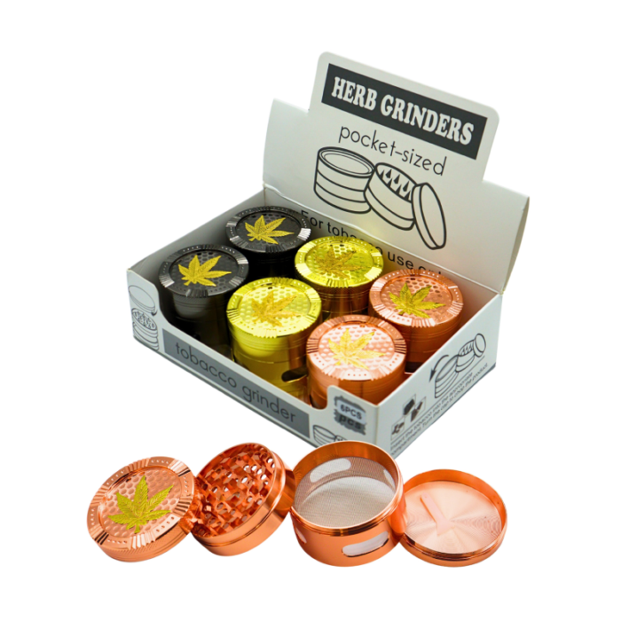 D&K CANNABIS LEAF EMBLEM ON TOP WITH SIDE WINDOW GRINDER 60MM 4PART -BOX OF 6