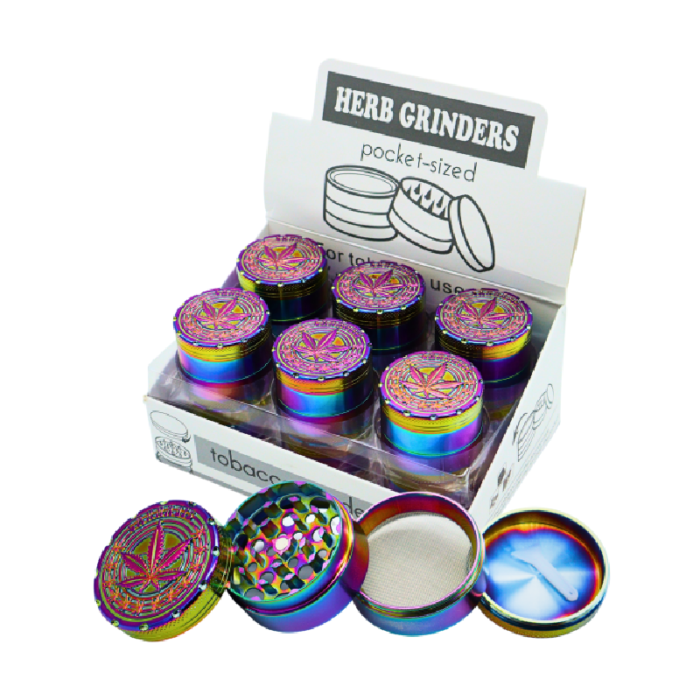 D&K CANNABIS LEAF ON TOP GRINDER 50MM 4 PART -BOX OF 12
