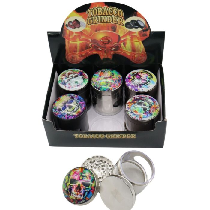 COLORFULL SKULL ON TOP & SIDE WINDOW DESIGN GRINDER 62MM 4 PART BOX OF 6