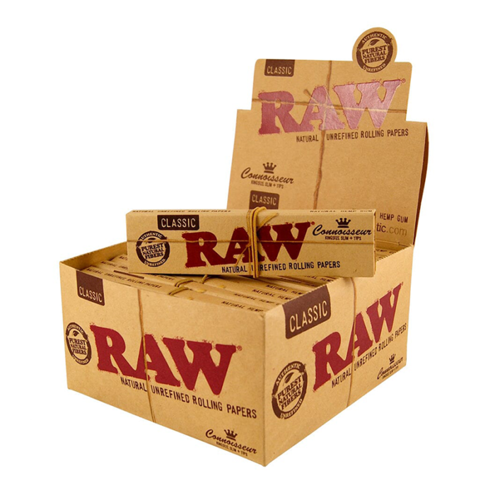 RAW KINGSIZE+TIPS CLASSIC CONNOISSEUR ROLLING PAPERS 24 PER BOX