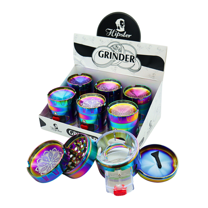HIPSTER MANDALA ASHTRAY DESIGN RAINBOW GRINDER WITH WINDOWS &SIDE DRAWER 4 PART 62MM -BOX OF 6