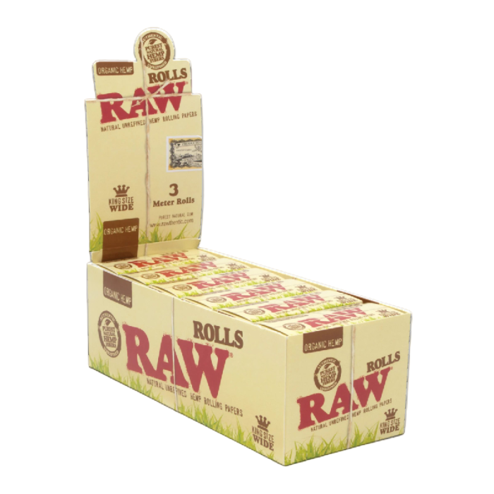 RAW ROLLS KING SIZE WIDE ORGANIC HEMP 3 METER ROLLS 12 PER BOX