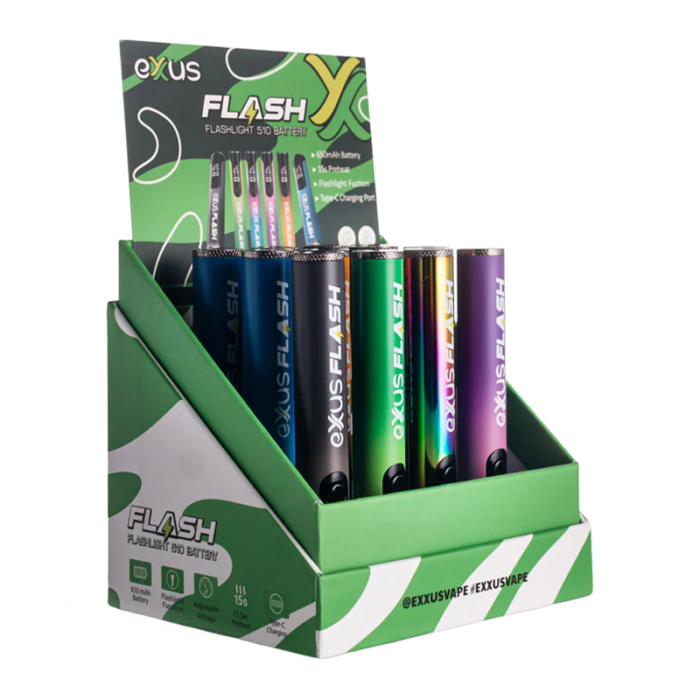 EXXUS FLASH FLASHLIGHT AND 510 VARIABLE VOLTAGE BATTERY ASSORTED COLOR 12PCS DISPLAY