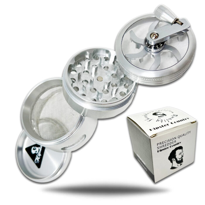 HIPSTER GRINDER 4 PART WITH HANDLE ALUMINUM MATERIAL FAN BLADES WITH WINDOWS ON THE 3RD PART