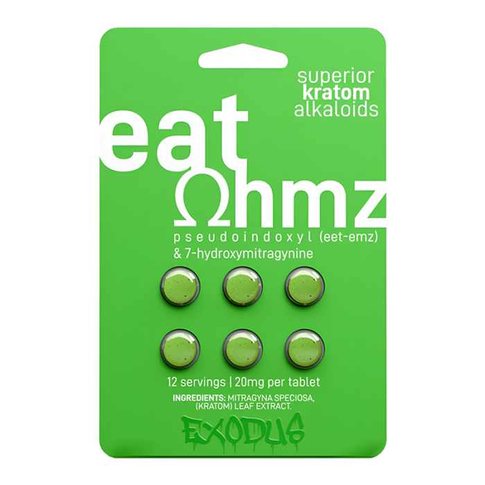 EXODUS EAT OHMZ 7 HYDROXYMITRAGYNINE & PSEUDOINDOXYL TABLETS | 6PK | 120MG PER PACK | LIME GREEN- BOX OF 6
