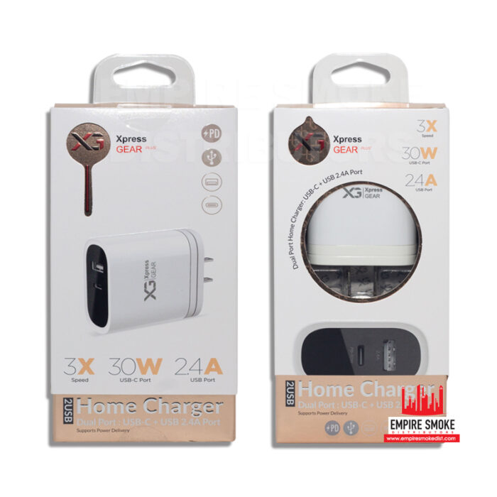 XPRESS GEAR HOME CHARGER DUAL PORT USB-C+USB 2.4A -822