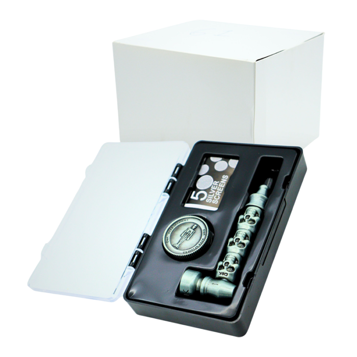 D&K SKULL GRINDER & SKELETON PIPE WITH SCREEN COMBO SET IN A BOX-12CT IN DISPLAY BOX (DK7157)