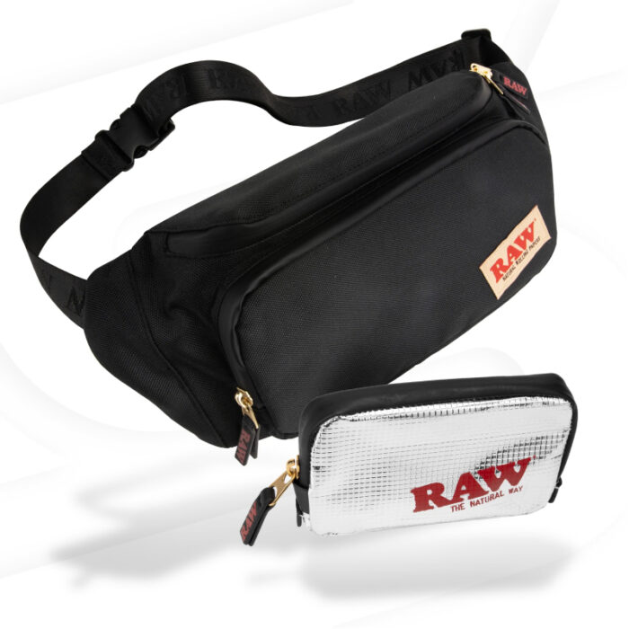 ROLLING PAPERS X RAW BELT/SLING BAG - BLACK WITH REMOVABLE FOIL POUCH